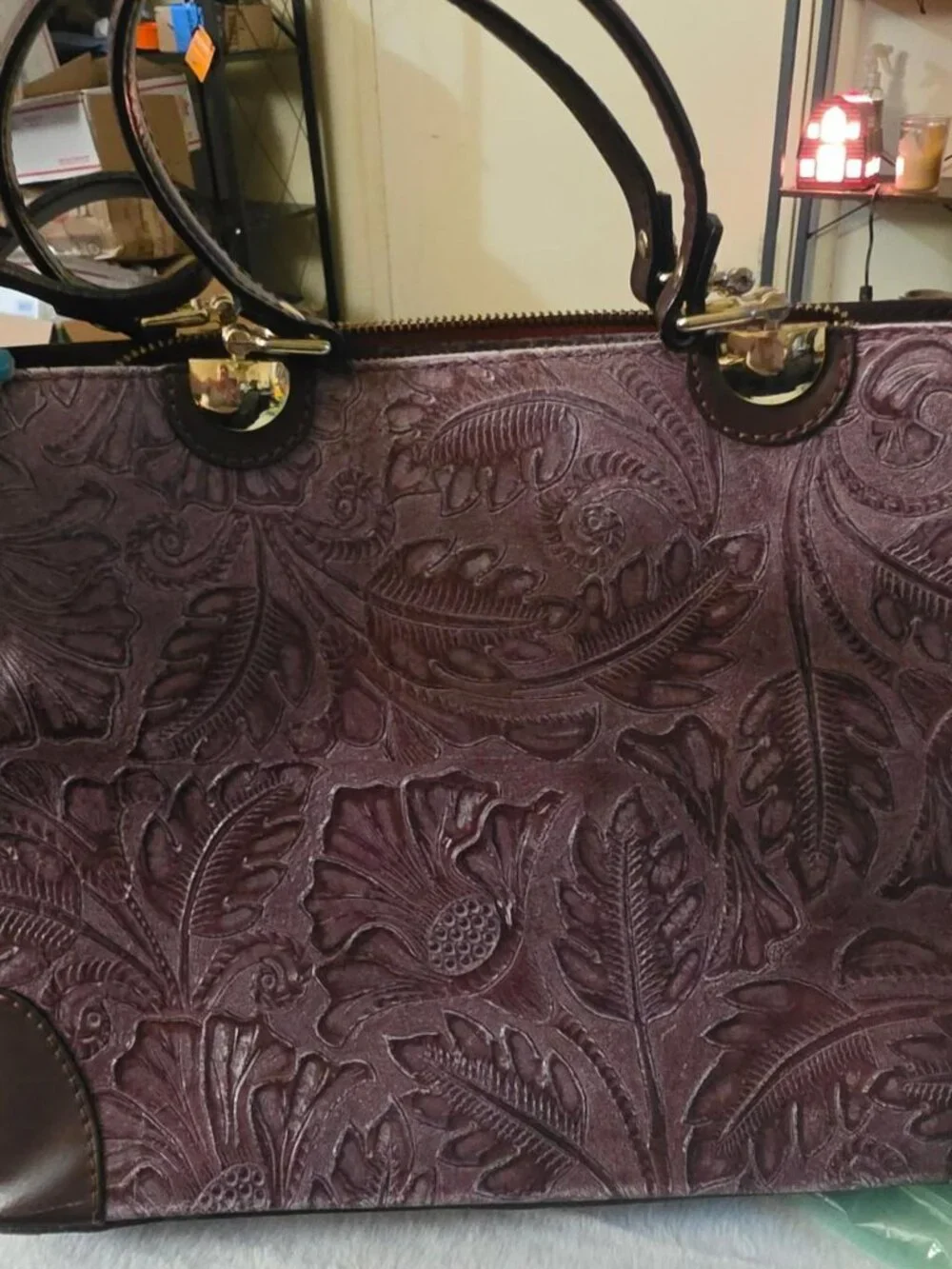 Salina Italian Genuine Leather Hand-Tooled Floral Satchel Bag